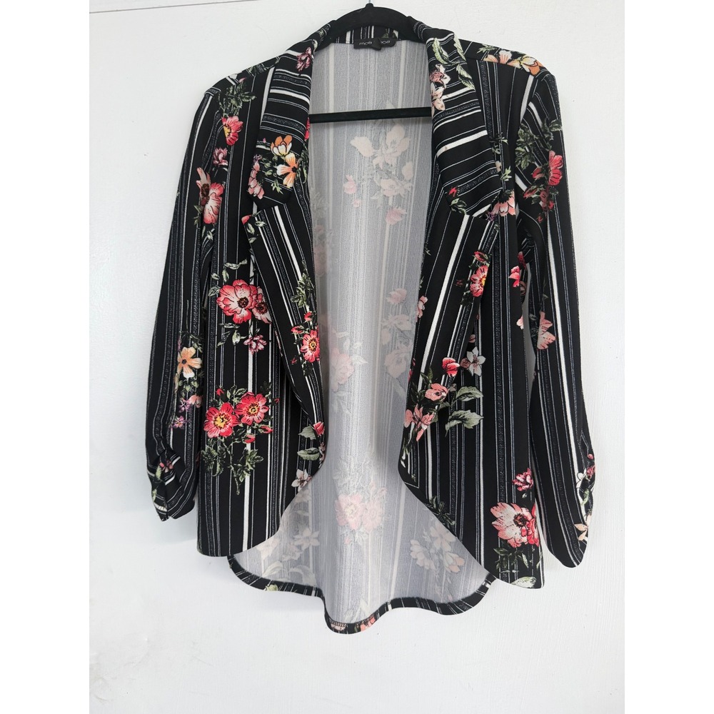 Moa Moa Womens Floral Striped Open Front Blazer Ruched Sleeve Black Large